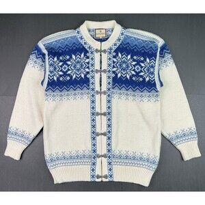 Dale of Norway Mens Cardigan Sweater sz L Fair Isle Wool Metal Clasps Blue White